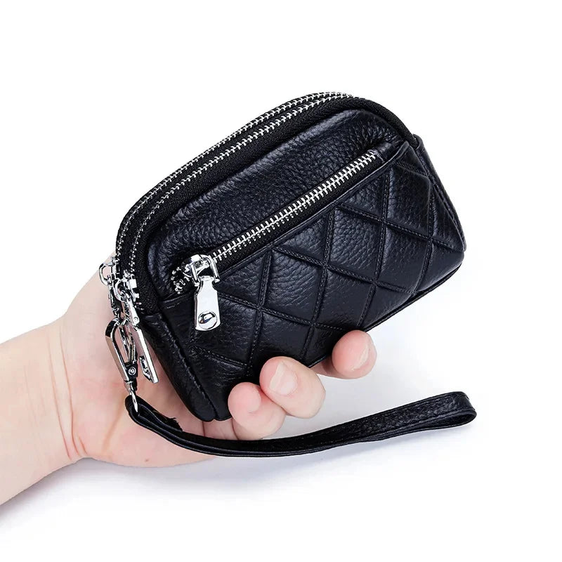 Women Purse Cowhide Large Capacity Three Zipper Multifunction Money Lipstick Pocket Clutch Coin Bag Removable Wrist Strap
