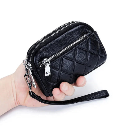 Women Purse Cowhide Large Capacity Three Zipper Multifunction Money Lipstick Pocket Clutch Coin Bag Removable Wrist Strap