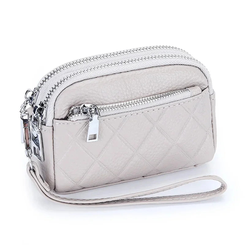 Women Purse Cowhide Large Capacity Three Zipper Multifunction Money Lipstick Pocket Clutch Coin Bag Removable Wrist Strap