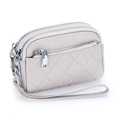 Women Purse Cowhide Large Capacity Three Zipper Multifunction Money Lipstick Pocket Clutch Coin Bag Removable Wrist Strap