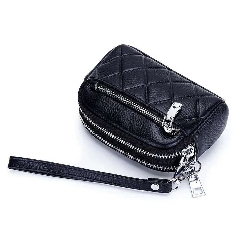 Women Purse Cowhide Large Capacity Three Zipper Multifunction Money Lipstick Pocket Clutch Coin Bag Removable Wrist Strap