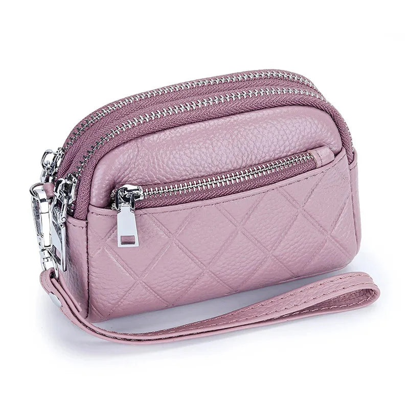 Women Purse Cowhide Large Capacity Three Zipper Multifunction Money Lipstick Pocket Clutch Coin Bag Removable Wrist Strap