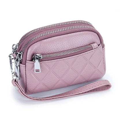 Women Purse Cowhide Large Capacity Three Zipper Multifunction Money Lipstick Pocket Clutch Coin Bag Removable Wrist Strap