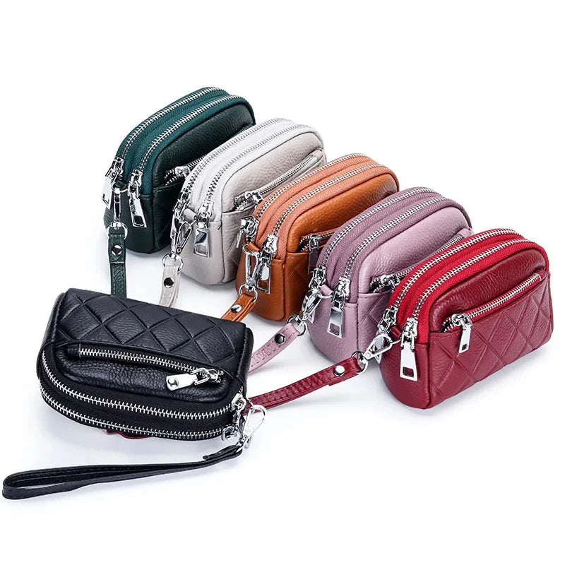 Women Purse Cowhide Large Capacity Three Zipper Multifunction Money Lipstick Pocket Clutch Coin Bag Removable Wrist Strap