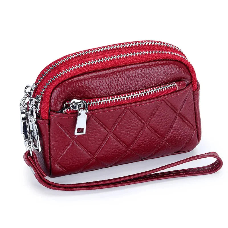 Women Purse Cowhide Large Capacity Three Zipper Multifunction Money Lipstick Pocket Clutch Coin Bag Removable Wrist Strap