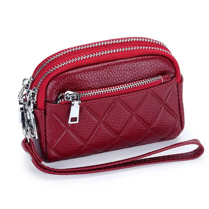 Women Purse Cowhide Large Capacity Three Zipper Multifunction Money Lipstick Pocket Clutch Coin Bag Removable Wrist Strap