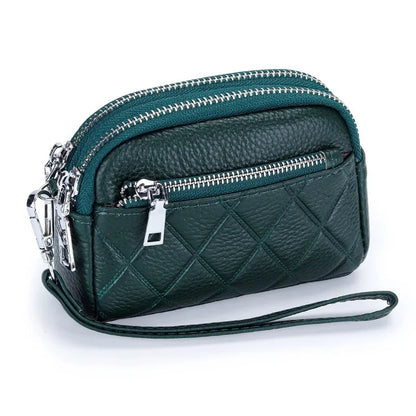 Women Purse Cowhide Large Capacity Three Zipper Multifunction Money Lipstick Pocket Clutch Coin Bag Removable Wrist Strap