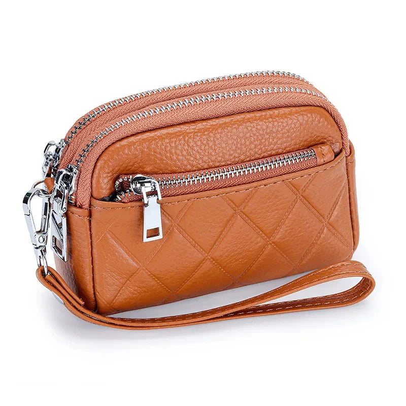 Women Purse Cowhide Large Capacity Three Zipper Multifunction Money Lipstick Pocket Clutch Coin Bag Removable Wrist Strap