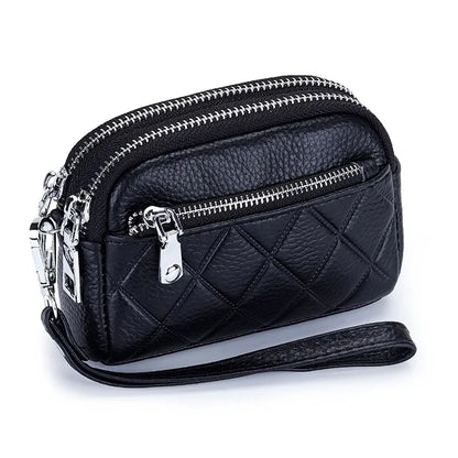 Women Purse Cowhide Large Capacity Three Zipper Multifunction Money Lipstick Pocket Clutch Coin Bag Removable Wrist Strap