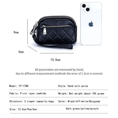Women Purse Cowhide Large Capacity Three Zipper Multifunction Money Lipstick Pocket Clutch Coin Bag Removable Wrist Strap