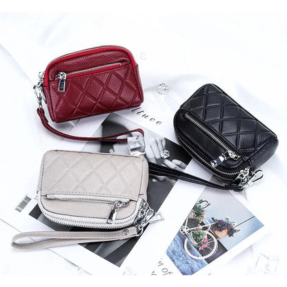 Women Purse Cowhide Large Capacity Three Zipper Multifunction Money Lipstick Pocket Clutch Coin Bag Removable Wrist Strap