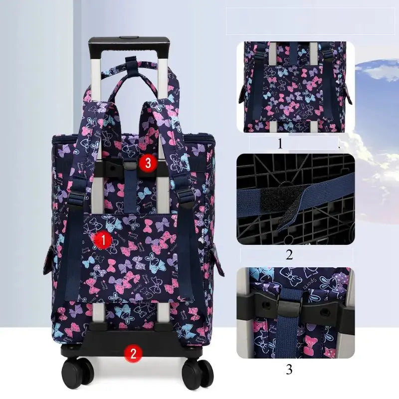 Women Rolling shopping bag with wheels Shopper Tote Bag travel trolley bag Aluminum foil lining picnic Grocery bag with wheels