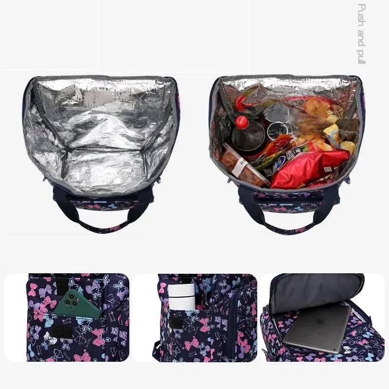 Women Rolling shopping bag with wheels Shopper Tote Bag travel trolley bag Aluminum foil lining picnic Grocery bag with wheels