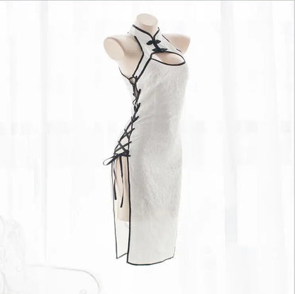 Women Sexy Split Bandage Long Qipao Ladies Chinese EmbroideryTraditional Cheongsam Slim Fit Open Chest Dresses  Uniforms Outfit