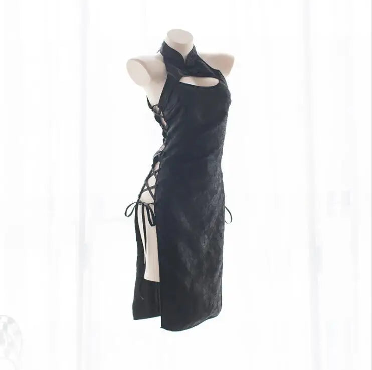 Women Sexy Split Bandage Long Qipao Ladies Chinese EmbroideryTraditional Cheongsam Slim Fit Open Chest Dresses  Uniforms Outfit