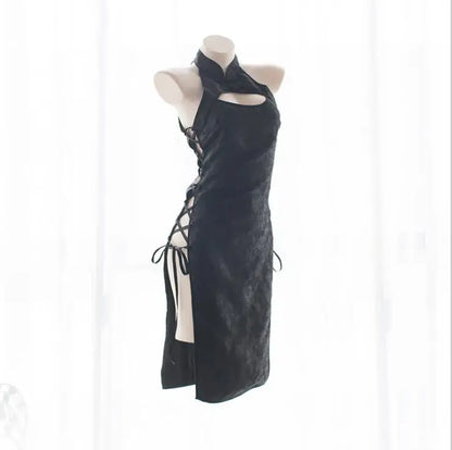 Women Sexy Split Bandage Long Qipao Ladies Chinese EmbroideryTraditional Cheongsam Slim Fit Open Chest Dresses  Uniforms Outfit