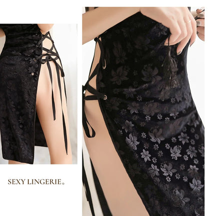 Women Sexy Split Bandage Long Qipao Ladies Chinese EmbroideryTraditional Cheongsam Slim Fit Open Chest Dresses  Uniforms Outfit