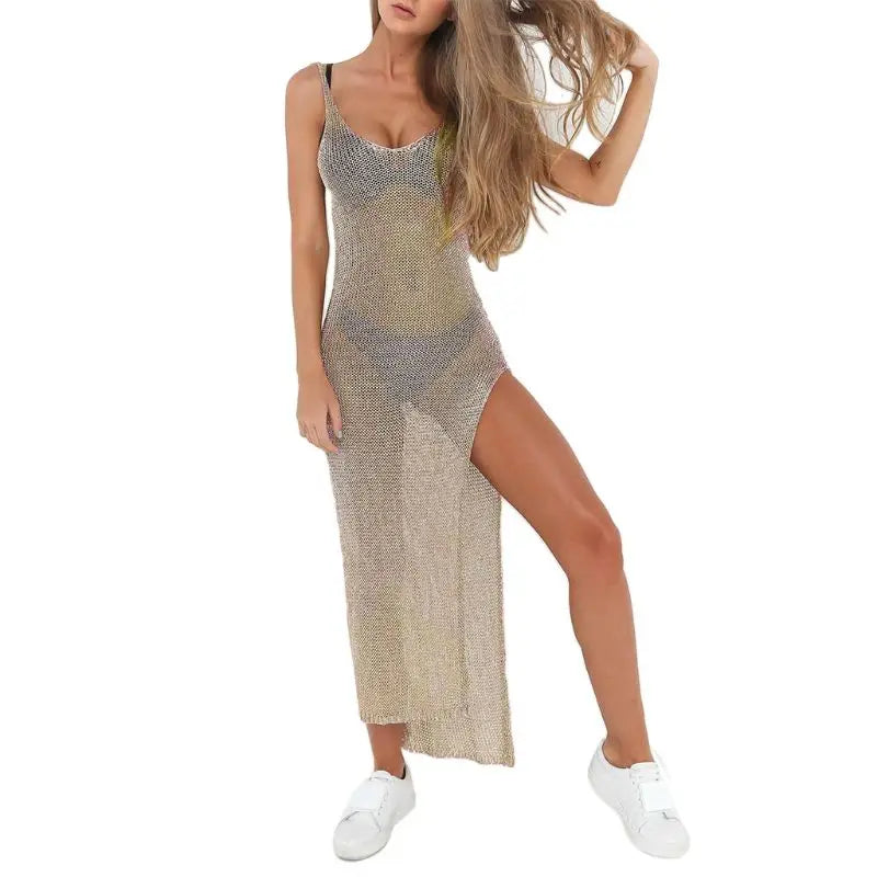 Women Sexy Summer Sunscreen Sheer Mesh Bikini Cover Up Metallic Solid Color Backless High Slit Beach Club Party Sleeveless Dress