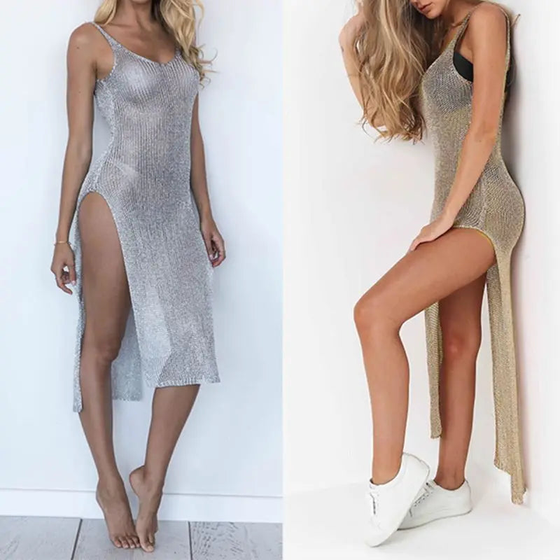 Women Sexy Summer Sunscreen Sheer Mesh Bikini Cover Up Metallic Solid Color Backless High Slit Beach Club Party Sleeveless Dress