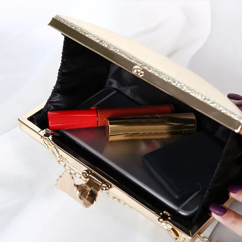 Women Shiny Gold Evening Bag Exquisite Leaf Long Purse Female Bridal Wedding Party Handbag Mini Banquet Day Clutch with Chain