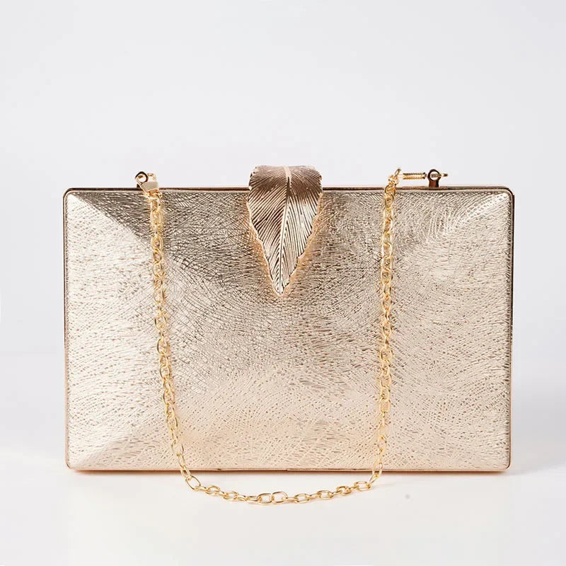 Women Shiny Gold Evening Bag Exquisite Leaf Long Purse Female Bridal Wedding Party Handbag Mini Banquet Day Clutch with Chain