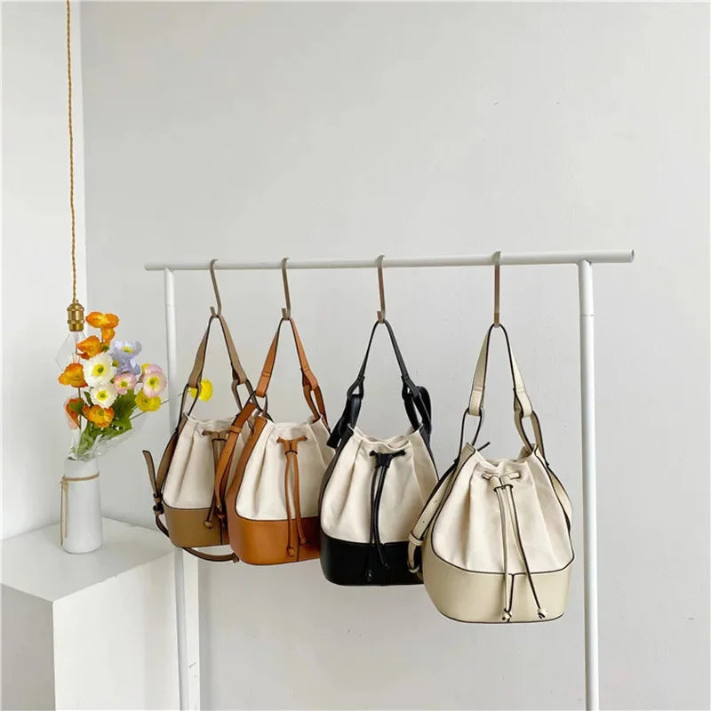 Women Shoulder Summer Korean Diagonal Personalized Stitching Canvas Portable Bucket Bag New Fashion Gift