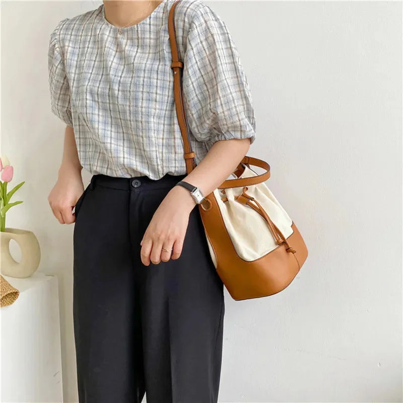 Women Shoulder Summer Korean Diagonal Personalized Stitching Canvas Portable Bucket Bag New Fashion Gift