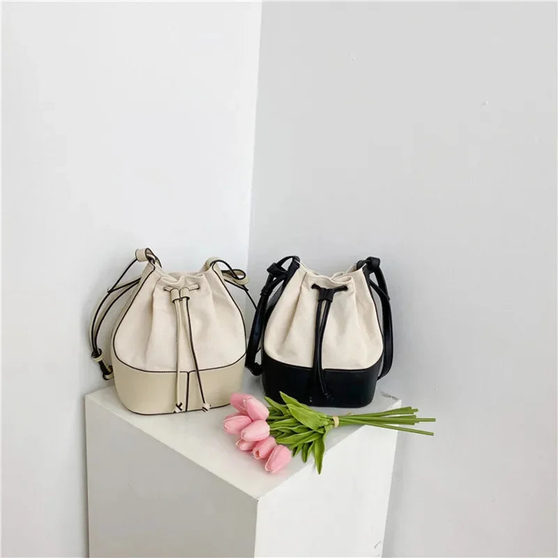 Women Shoulder Summer Korean Diagonal Personalized Stitching Canvas Portable Bucket Bag New Fashion Gift