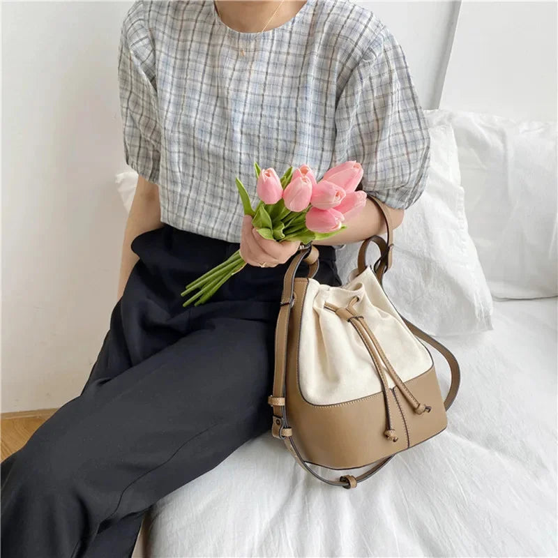 Women Shoulder Summer Korean Diagonal Personalized Stitching Canvas Portable Bucket Bag New Fashion Gift