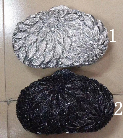 Women Silver Black Flower Top Selling Purse Crystal Diamond Banquet Party Handbag Wedding Bridal Cocktail Rhinestone Evening Bag