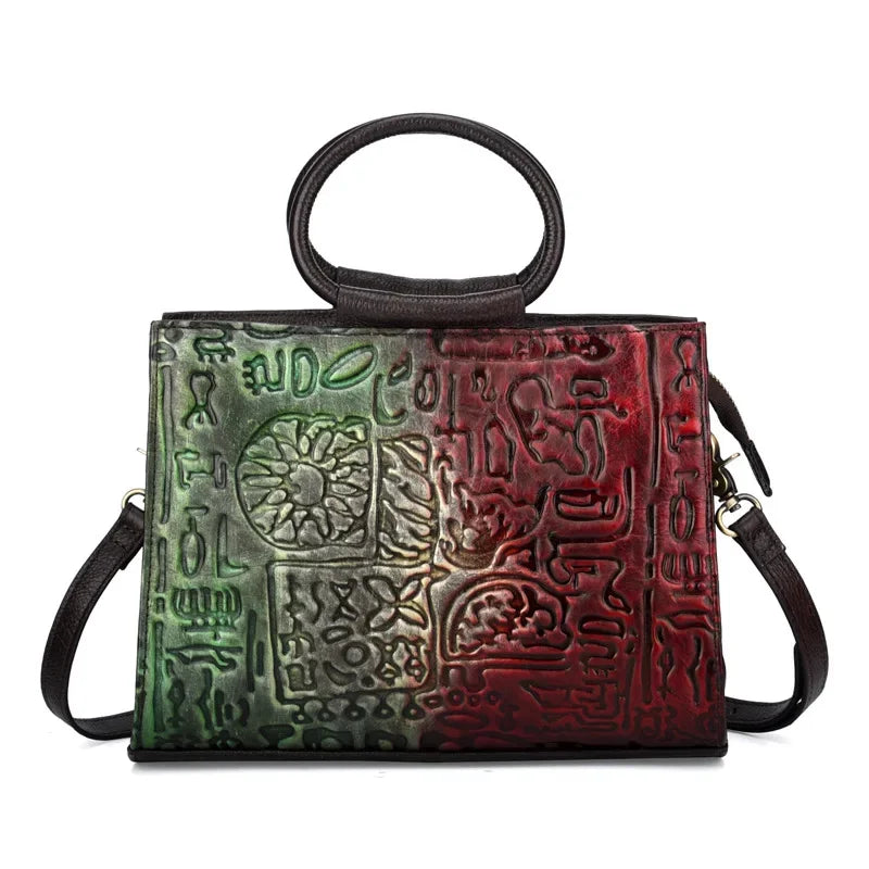 Women Sling Shoulder Messenger Top Handle Bags Genuine Leather Handbag Vintage Designer National Style Embossed Ladies Tote Bag