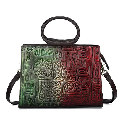 Women Sling Shoulder Messenger Top Handle Bags Genuine Leather Handbag Vintage Designer National Style Embossed Ladies Tote Bag