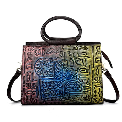 Women Sling Shoulder Messenger Top Handle Bags Genuine Leather Handbag Vintage Designer National Style Embossed Ladies Tote Bag