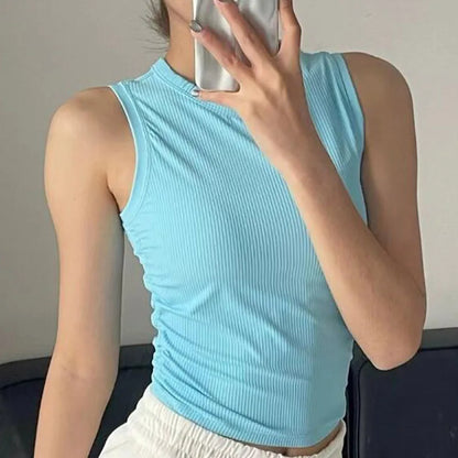Women Solid Round Neck Ribbed Tank Top Camisole Women Summer Basic Elastic Tank Top O Neck Solid Tank Top
