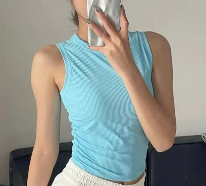 Women Solid Round Neck Ribbed Tank Top Camisole Women Summer Basic Elastic Tank Top O Neck Solid Tank Top