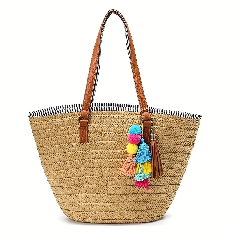 Women Straw Beach Bags Large Capacity Tote Designer Wicker Women Handbags Hobo Summer Handwoven Lady Travel Bag With Pom Poms