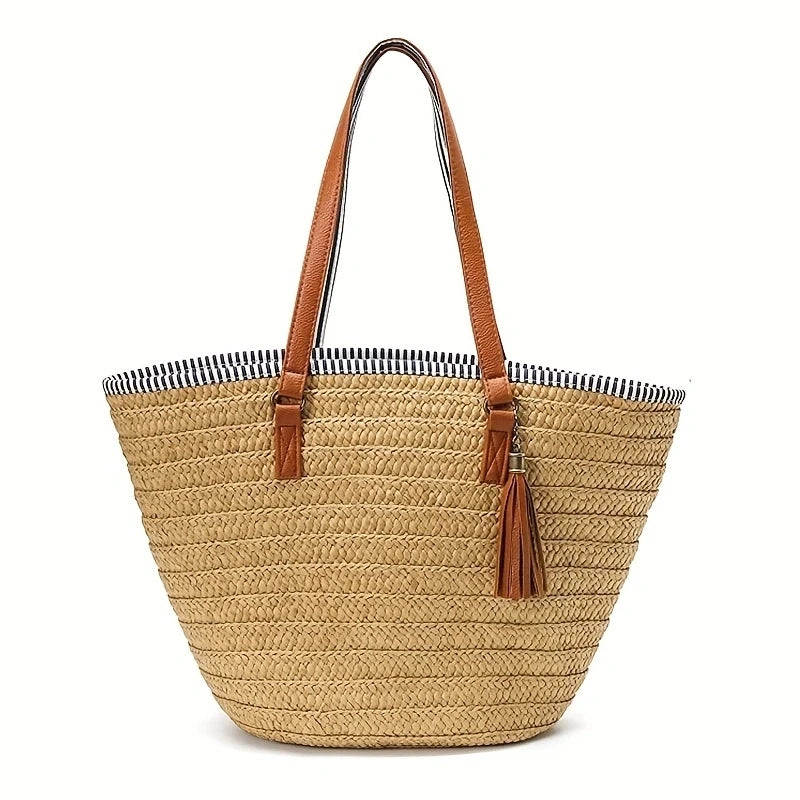 Women Straw Beach Bags Large Capacity Tote Designer Wicker Women Handbags Hobo Summer Handwoven Lady Travel Bag With Pom Poms