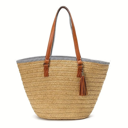 Women Straw Beach Bags Large Capacity Tote Designer Wicker Women Handbags Hobo Summer Handwoven Lady Travel Bag With Pom Poms