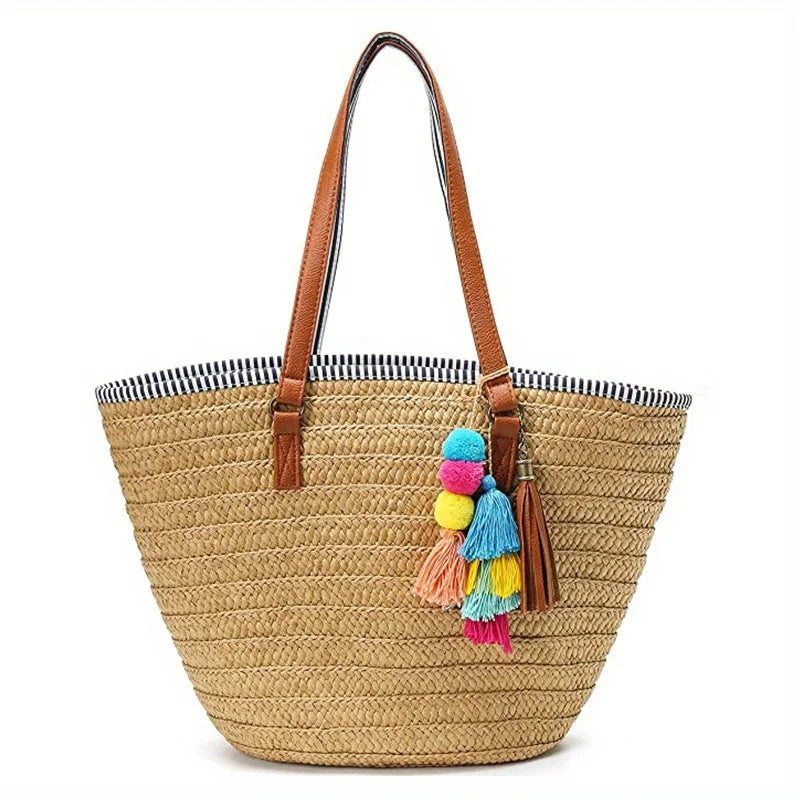 Women Straw Beach Bags Large Capacity Tote Designer Wicker Women Handbags Hobo Summer Handwoven Lady Travel Bag With Pom Poms