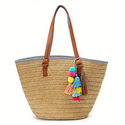 Women Straw Beach Bags Large Capacity Tote Designer Wicker Women Handbags Hobo Summer Handwoven Lady Travel Bag With Pom Poms