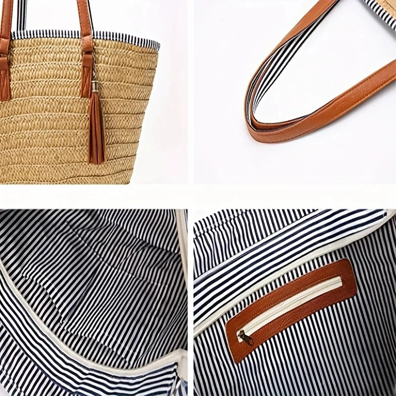 Women Straw Beach Bags Large Capacity Tote Designer Wicker Women Handbags Hobo Summer Handwoven Lady Travel Bag With Pom Poms