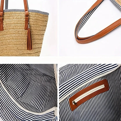 Women Straw Beach Bags Large Capacity Tote Designer Wicker Women Handbags Hobo Summer Handwoven Lady Travel Bag With Pom Poms