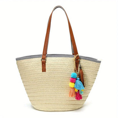 Women Straw Beach Bags Large Capacity Tote Designer Wicker Women Handbags Hobo Summer Handwoven Lady Travel Bag With Pom Poms