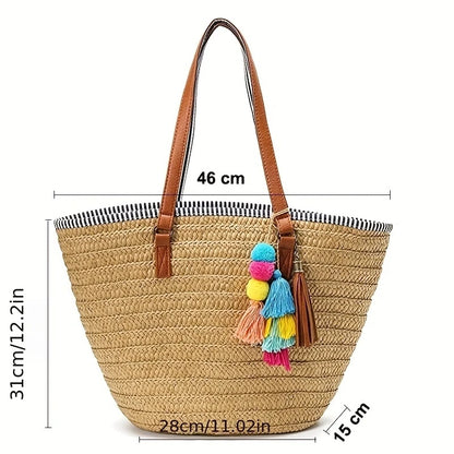Women Straw Beach Bags Large Capacity Tote Designer Wicker Women Handbags Hobo Summer Handwoven Lady Travel Bag With Pom Poms