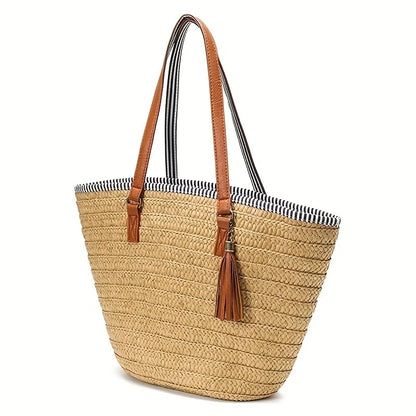 Women Straw Beach Bags Large Capacity Tote Designer Wicker Women Handbags Hobo Summer Handwoven Lady Travel Bag With Pom Poms