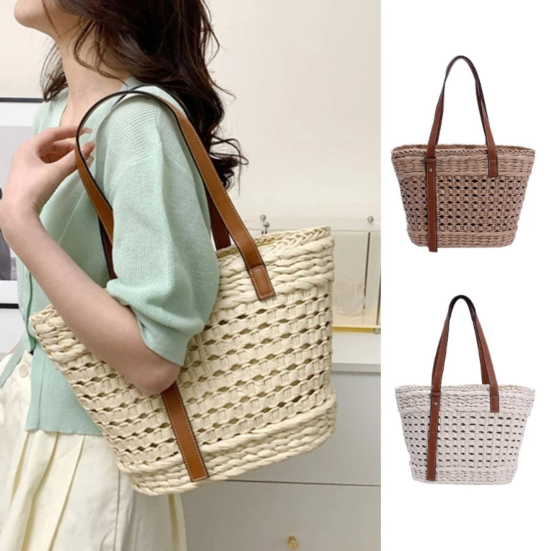 Women Straw Shoulder Bag Hand-woven Basket Tote Bag Summer Beach-Straw Bag Lady Vacation Bag Fashion Hollow Out Handbag