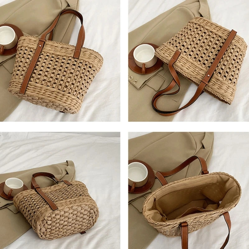 Women Straw Shoulder Bag Hand-woven Basket Tote Bag Summer Beach-Straw Bag Lady Vacation Bag Fashion Hollow Out Handbag