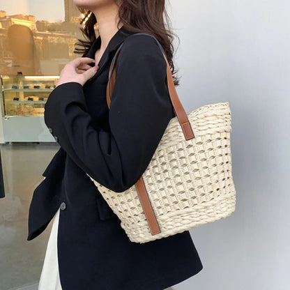 Women Straw Shoulder Bag Hand-woven Basket Tote Bag Summer Beach-Straw Bag Lady Vacation Bag Fashion Hollow Out Handbag
