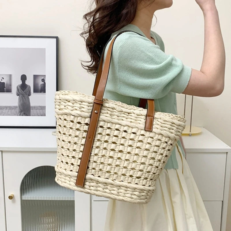 Women Straw Shoulder Bag Hand-woven Basket Tote Bag Summer Beach-Straw Bag Lady Vacation Bag Fashion Hollow Out Handbag