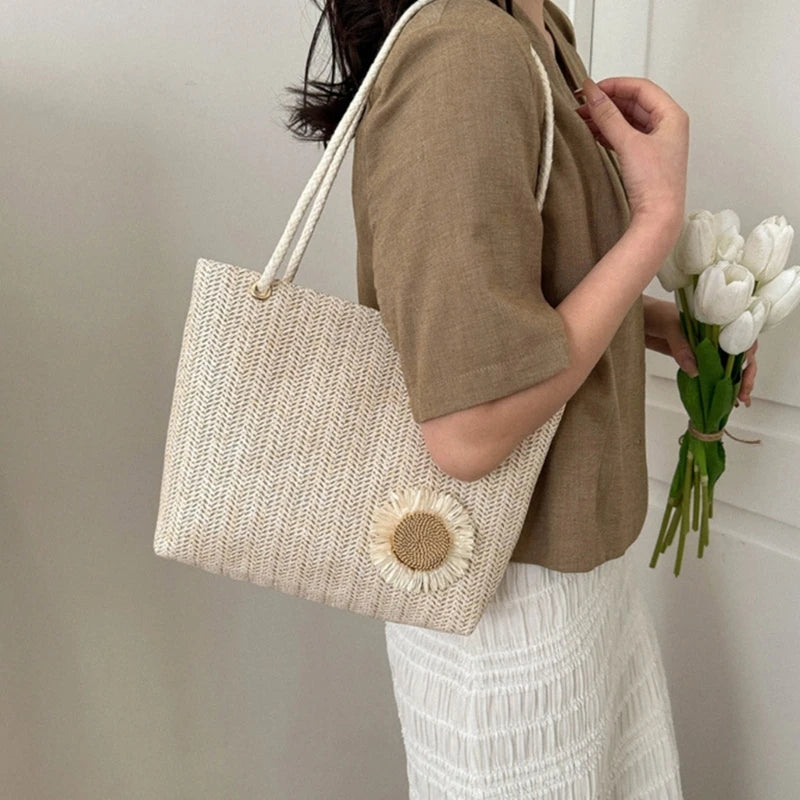 Women Straw Shoulder Bag Large Capacity Tote Bag Hand-woven Handbag Fashion Summer Beach-Bag Ladies Trendy Underarm Bag